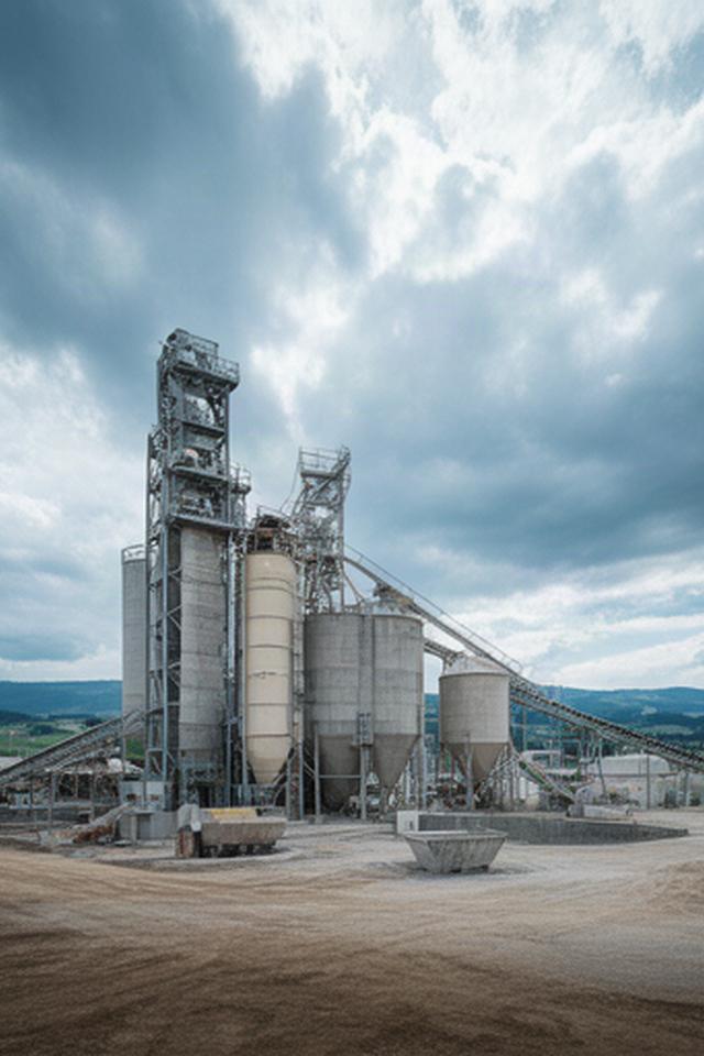 Betonwerk mit Mischanlage und Silos unter bewölktem Himmel im Schweizer Mittelland