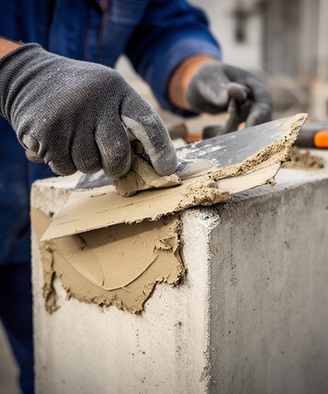 Reparaturmörtel wird an einer beschädigten Betonkante fachgerecht aufgetragen