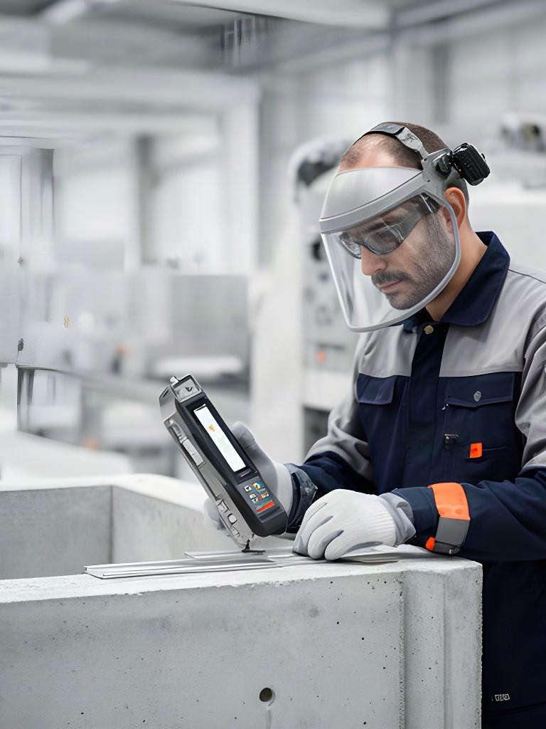 Mitarbeiter prüft ein Betonprodukt mit Messgerät in der Produktionshalle