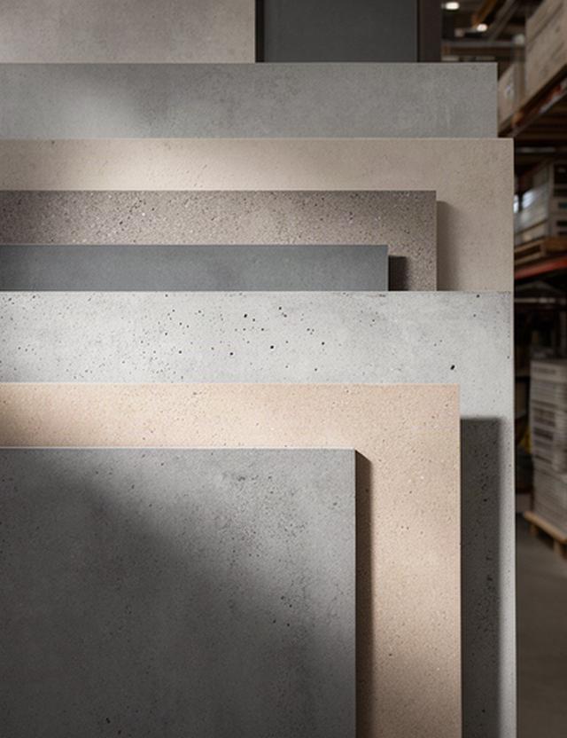 Musterplatten aus Sichtbeton mit unterschiedlichen Oberflächen im Materiallager