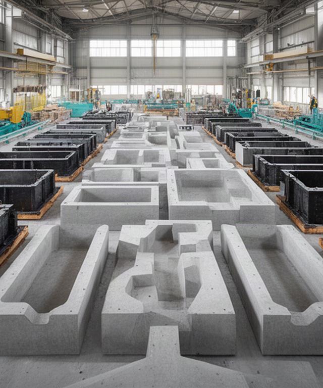 Individuelle Betonformteile in einer Fertigungshalle mit vorbereiteten Schalungen