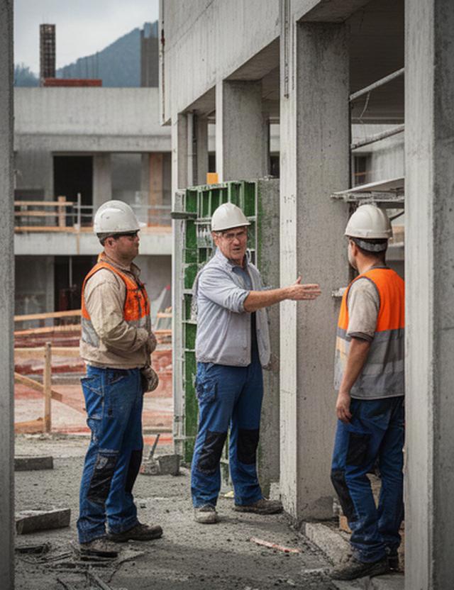 Technischer Mitarbeiter weist ein Montageteam bei Betonarbeiten vor Ort ein