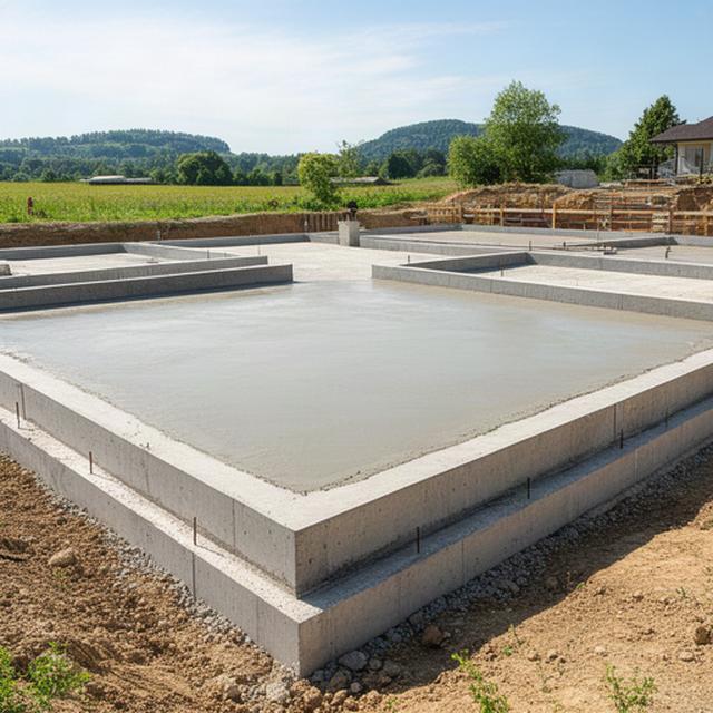 Frisch gegossenes Betonfundament einer Wohnüberbauung in Muri bei sonnigem Wetter