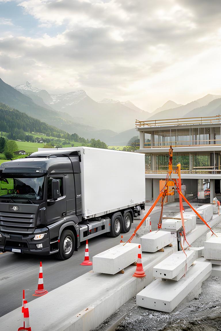 Lastwagen liefert Betonprodukte direkt an eine vorbereitete Baustelle im Aargau