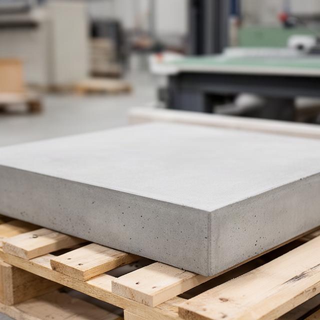 Nahaufnahme eines präzise gefertigten Betonprodukts auf einer Produktionspalette