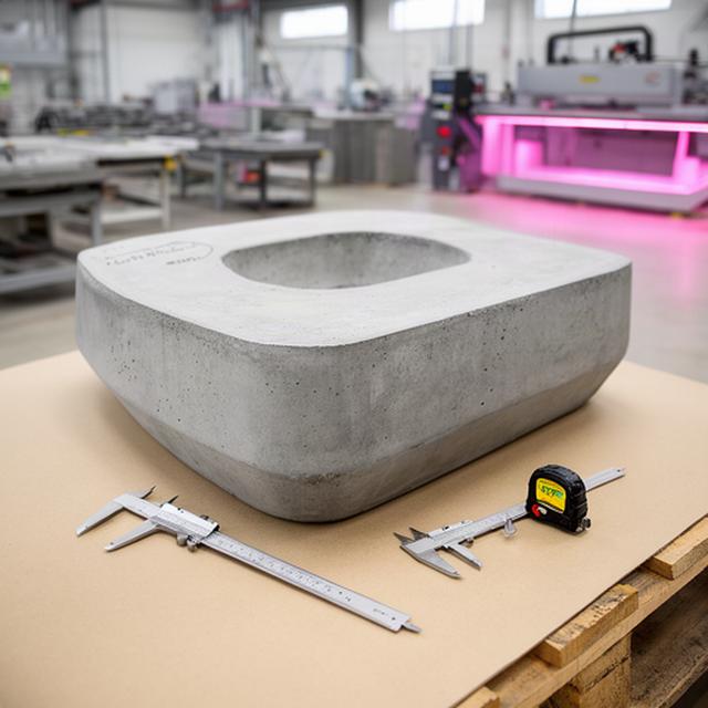 Sonderformat eines Betonbauteils in der Produktionshalle mit Messwerkzeug daneben