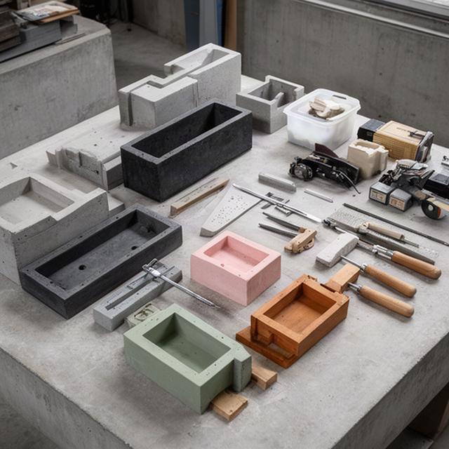 Aufgeräumter Werkplatz mit Betonformen und bereitgestellten Arbeitsgeräten