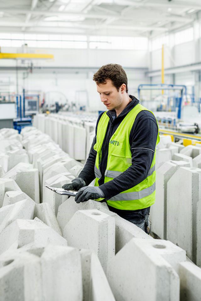 Mitarbeiter kontrolliert frisch gefertigte Betonprodukte in einer hellen Werkhalle