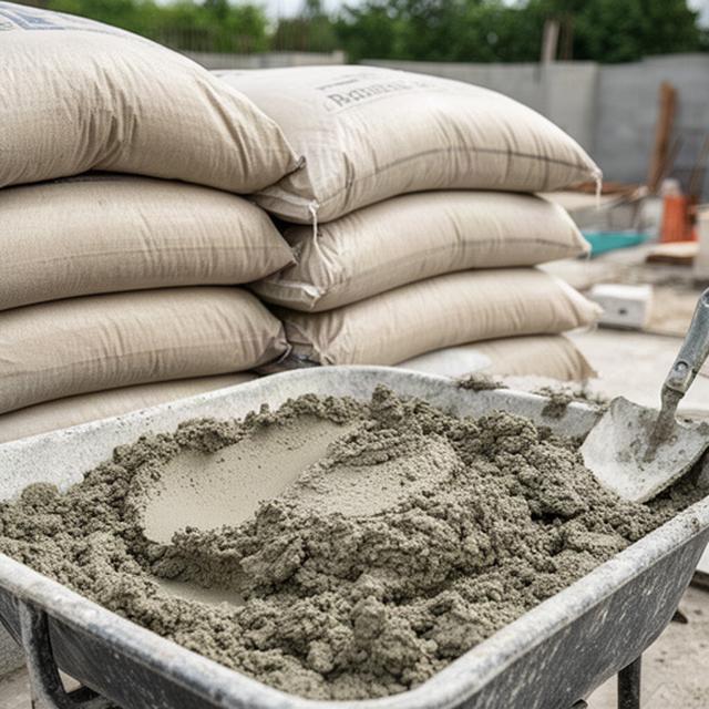 Säcke mit Trockenmörtel neben einer frisch gemischten Mörtelprobe auf einer Baustelle