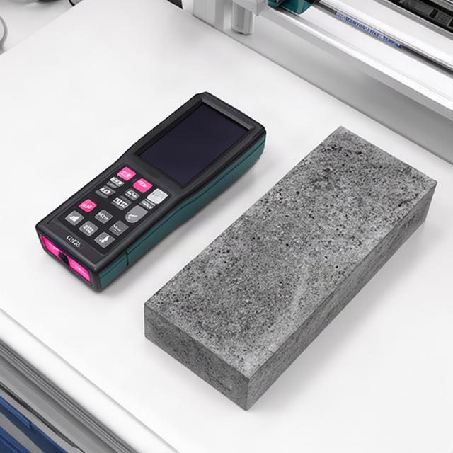Digitales Messgerät neben einer Probe aus festem Beton auf einem Prüftisch