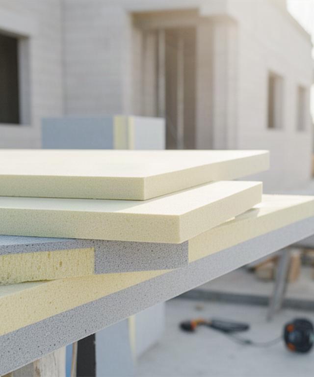 Dämmbaustoffe auf einer hellen Baustelle mit zugeschnittenen Platten