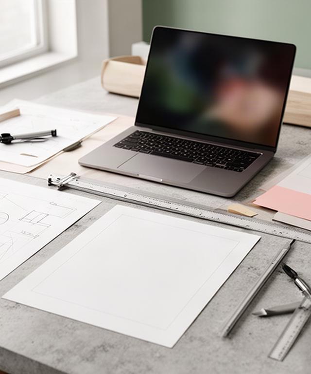 Arbeitsplatz mit technischen Unterlagen und Laptop in einem ruhigen Büro