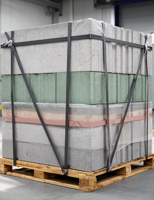 Betonprodukte auf einer gesicherten Transportpalette vor dem Versand