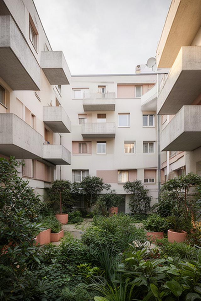 Mehrfamilienhaus in Zürich mit gegliederten Betonbalkonen und bepflanztem Innenhof