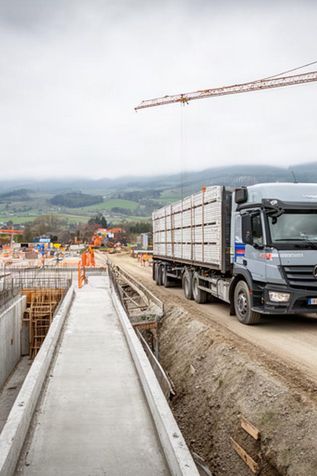 Baustofflieferung mit Lastwagen auf einer Schweizer Baustelle bei der Ankunft
