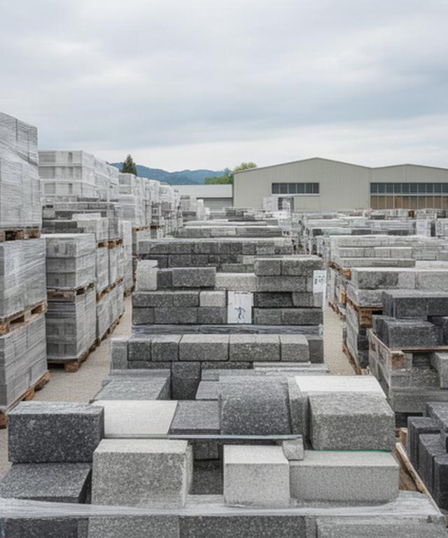 Paletten mit Mauersteinen und Betonprodukten auf dem Werkhof in Wohlen