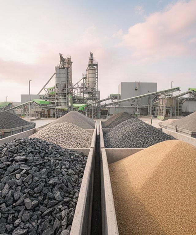 Mineralische Zuschlagstoffe in getrennten Boxen neben einer modernen Produktionsanlage