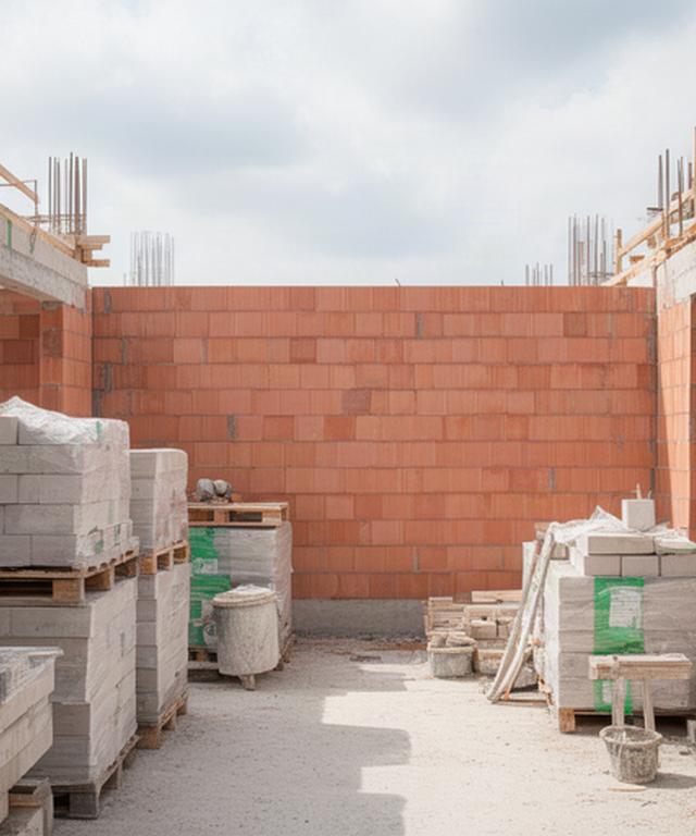 Baustelle mit frisch gesetztem Mauerwerk und bereitstehenden Baustoffpaletten