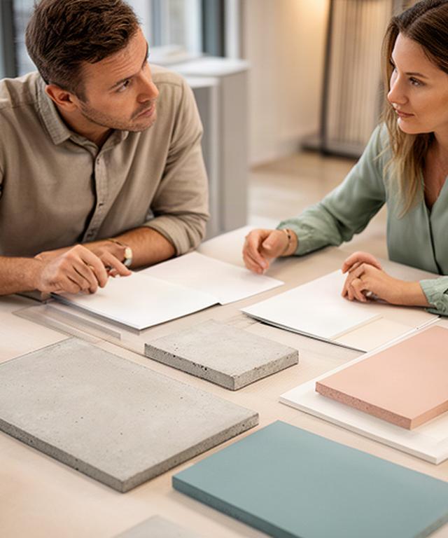 Beratungsgespräch über Baustoffe an einem Tisch mit Musterplatten und Notizen