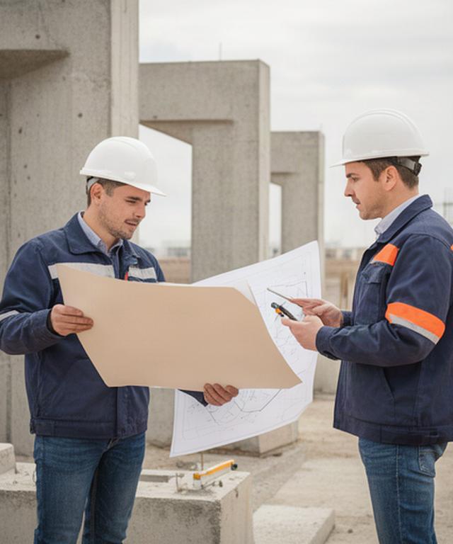 Technische Besprechung auf einer Baustelle mit Planunterlagen und Betonbauteilen