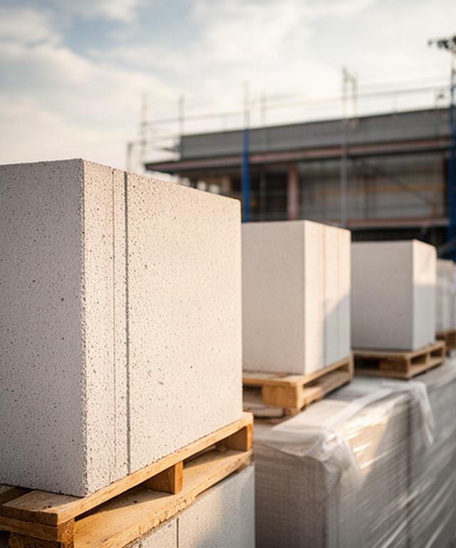 Porenbetonsteine und Dämmplatten auf Paletten vor einer Schweizer Baustelle