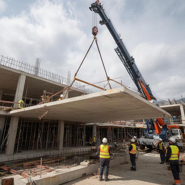 Fertigdecke aus Beton wird mit einem Kran auf einer Baustelle im Aargau positioniert