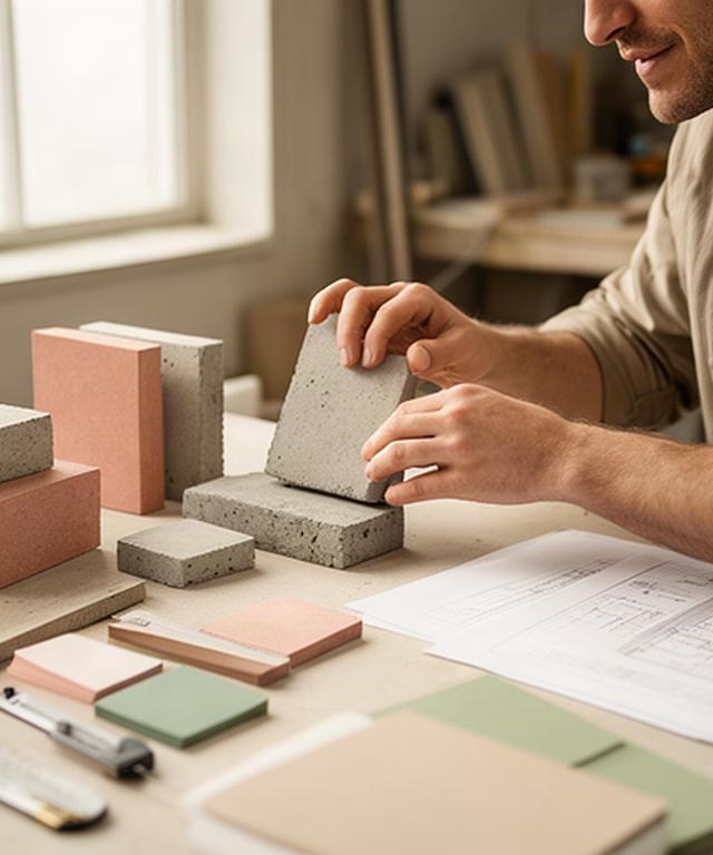 Baufachperson prüft Baustoffunterlagen an einem Arbeitstisch mit Materialproben