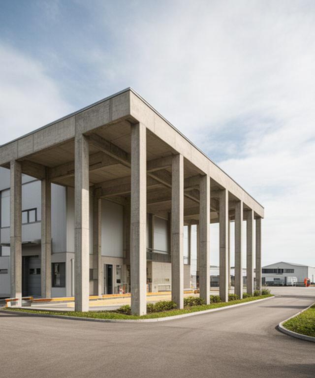 Gewerbebau in Lenzburg mit robusten Betonstützen und breiter Zufahrt
