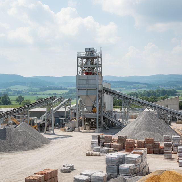 Betonwerk mit Mischanlage und aufgeschichteten Baustoffen im Aargau