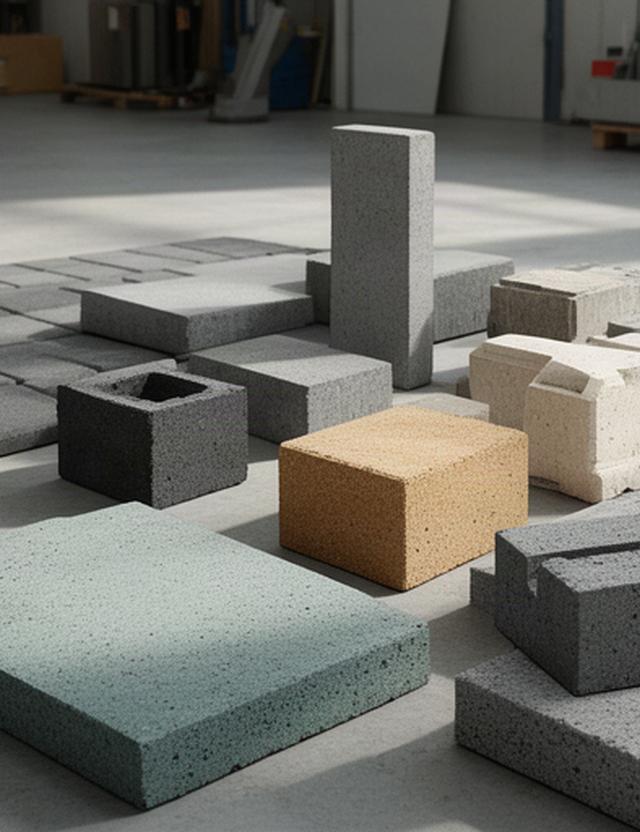 Verschiedene Betonprodukte auf einem Werkplatz mit sichtbaren Oberflächenstrukturen