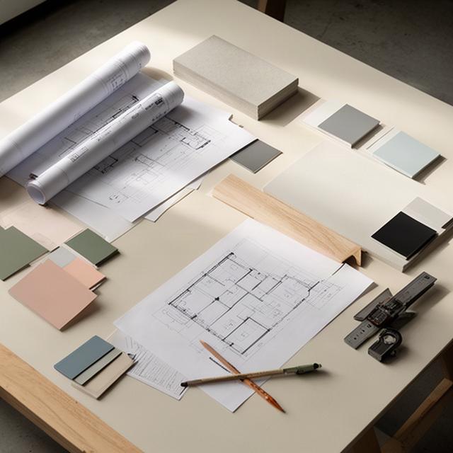 Sortierte Projektunterlagen mit Bauplänen und Materialangaben auf einem Tisch