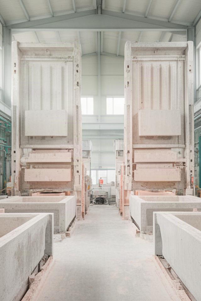 Helle Werkhalle mit Betonformen und geordneten Produktionsflächen