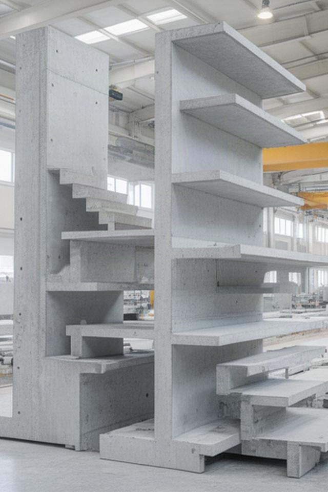 Betonfertigteile mit Stürzen und Treppenelementen in einer hellen Produktionshalle